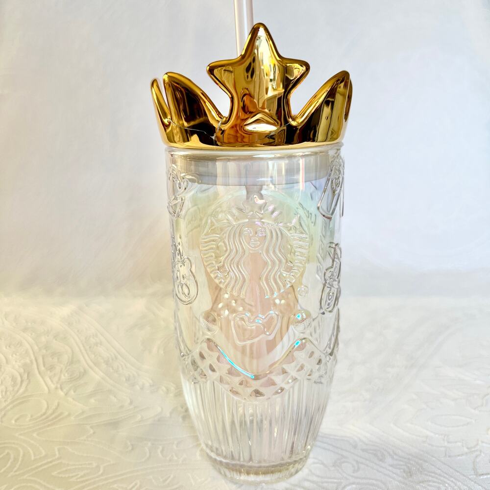 Starbucks Iridescent Valentine's 2021 Princess Queen Gold Crown Glass